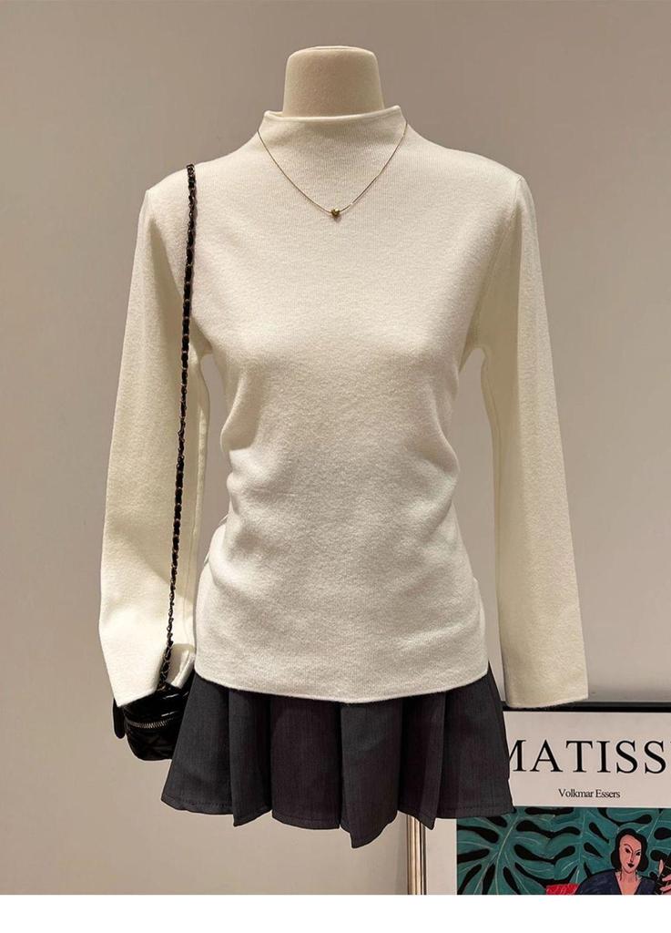 Apricot Slim-Fit Knitted Turtleneck Sweater - Long-Sleeve, Half-High Collar, Pullover for Autumn/Winter
