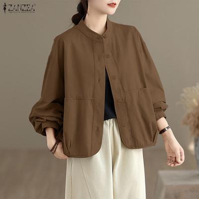 Women Casual Stand Collar Loose Long Sleeve Blouse
