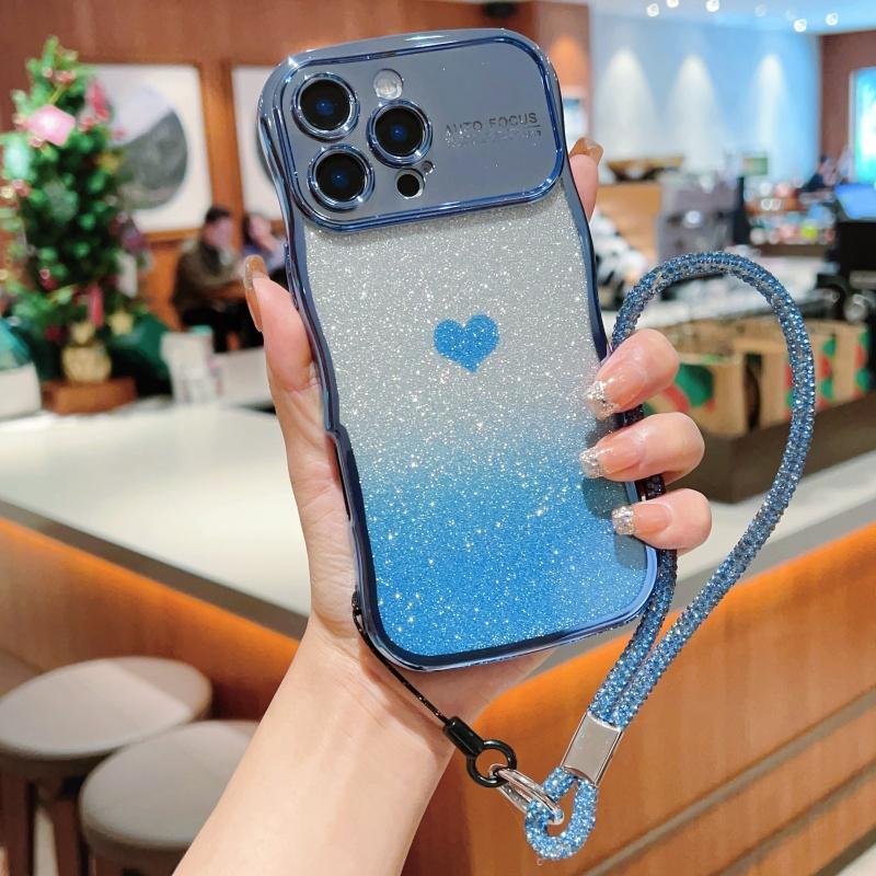 For iPhone 16 Pro Max Case with Strap Electroplating TPU Phone Cover Love Heart Gradient Glitter