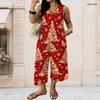 Women Plus Size V Neck Sleeveless Christmas Printed Red Wide Leg Pants Set With Pockets