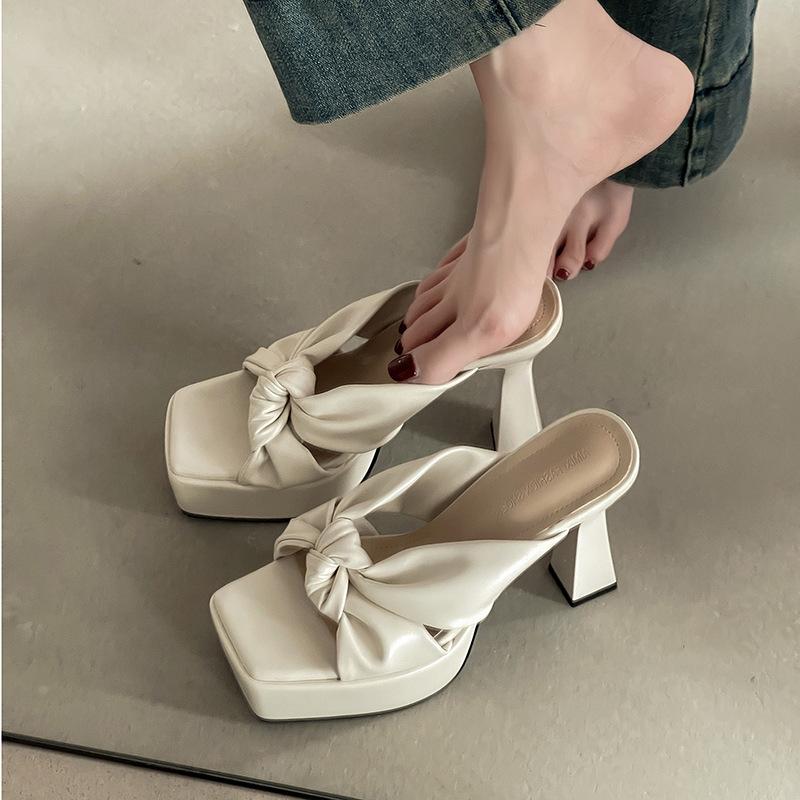 Fashion Temperament Bow Women's Thick Heel One-word Slippers Summer Retro Height Increase and Thin High Heel Cool Slippers
