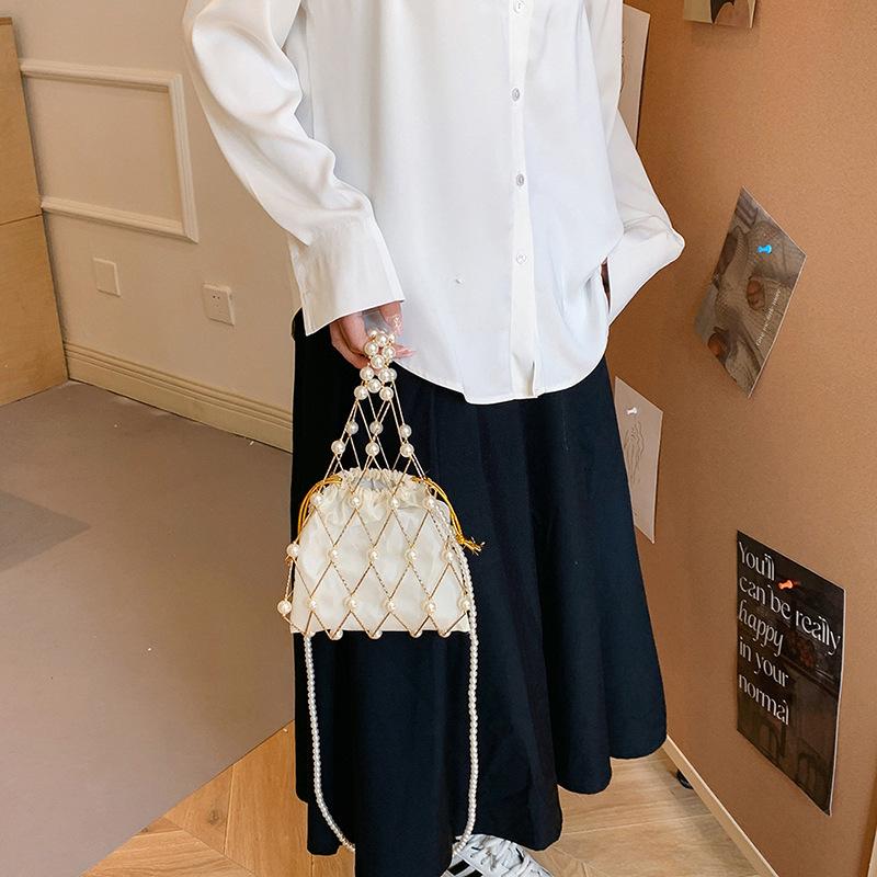 Personalized pearl handmade hollow bag, fishing net women's portable bucket bag, temperament versatile single shoulder messenger bag