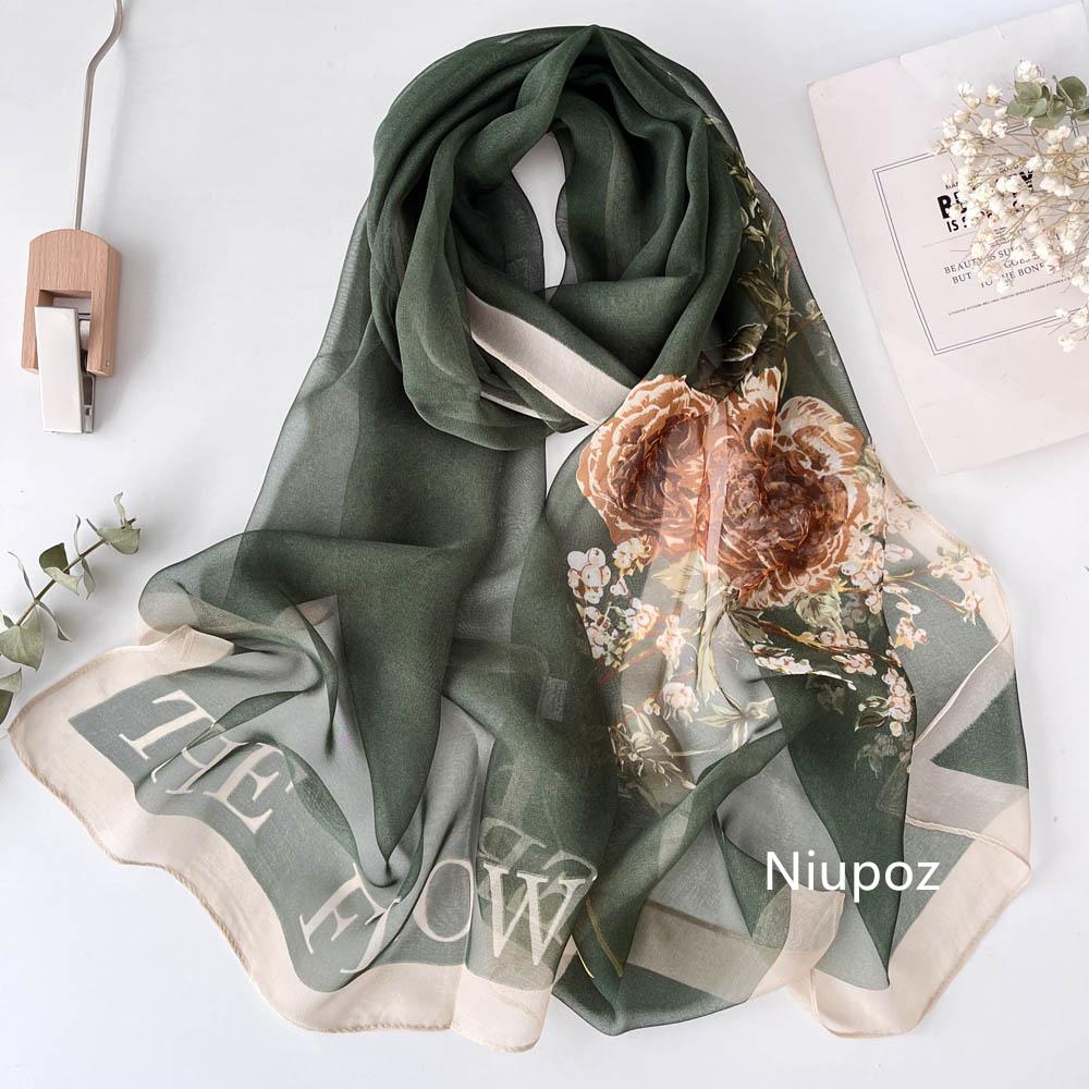 New Design Green Women Elegant Flower Print Chiffon Georgette Bandana Scarf Summer Beach Sunscreen Thin Travel Shawl