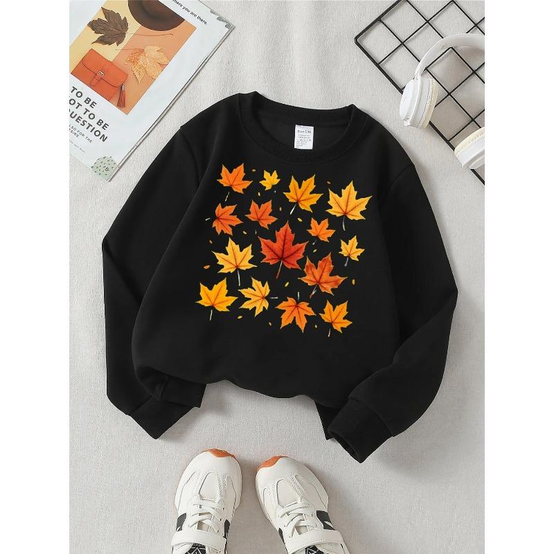 Autumn Leaves Pattern Maple Orange Yellow Girls' Fashionable Crewneck Sweatshirt, Autumn and Winter Western Style Top