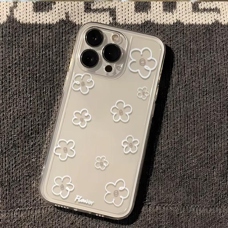 Minimalist White Floral Print Phone Case for iPhone 17 16 15 14 13 12 11 16E Series Pro Max Plus Double Layer Protection