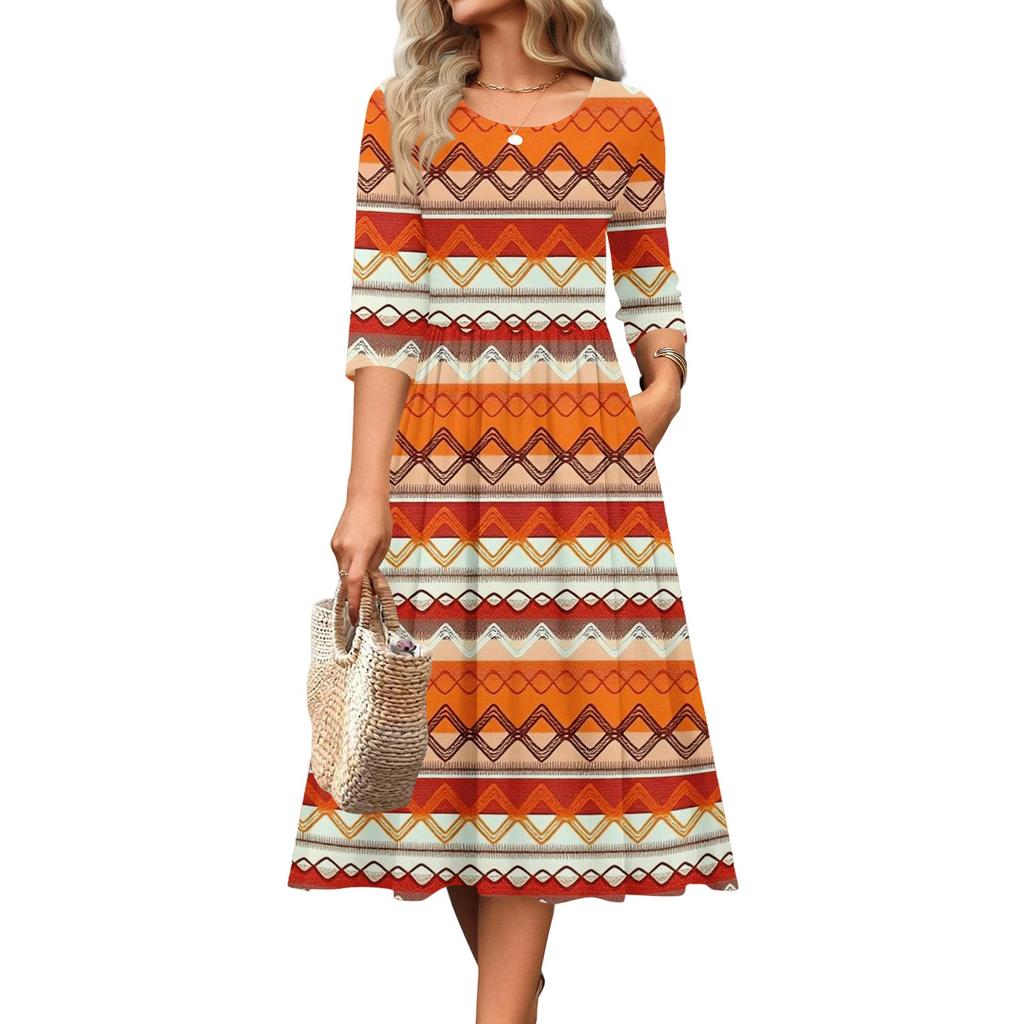 3/4-Ärmel Damenkleid Lässig Fließend A-Linie Midi T-Shirt Kleider mit Taschen Rundhalsausschnitt Urlaub Boho Strand Sommerkleid