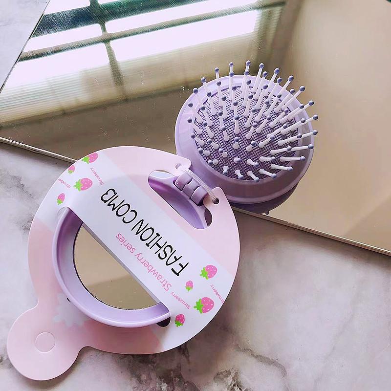 Cute Cartoon Folding Comb with Cosmetic Mirror for Girls Air Cushion Massage Portable Comb  Kids Dress Up Makeups Toy Gifts