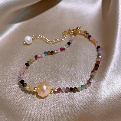 Vendita Calda Design Semplice Pietra di Tormalina & Perla d'Acqua Dolce Naturale 14K Placcato Oro Braccialetto Charm Femminile Per Regali alle Donne