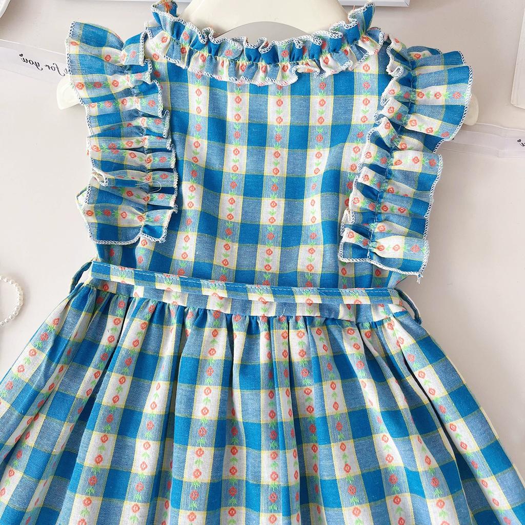 Girls' Princess Dress Plaid Vest Dress, Children's Flying Sleeve Dress, Summer Casual Girls' Dress
