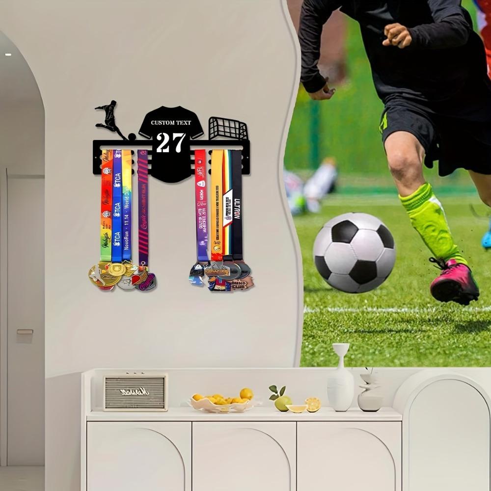 Personalized Soccer Trophy Metal Wall Rack | Custom Sign & Hooks for Kitchen, Lounge, Veranda Decor | Customizable Gift