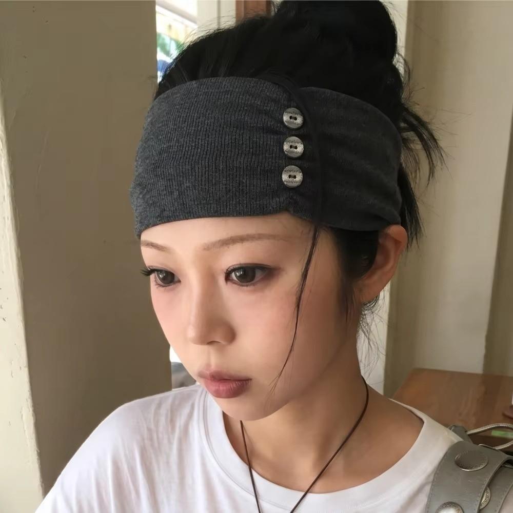 Pleated Women Headband Elastic Head Wrap Vintage Wide Button Headband for Students Daily