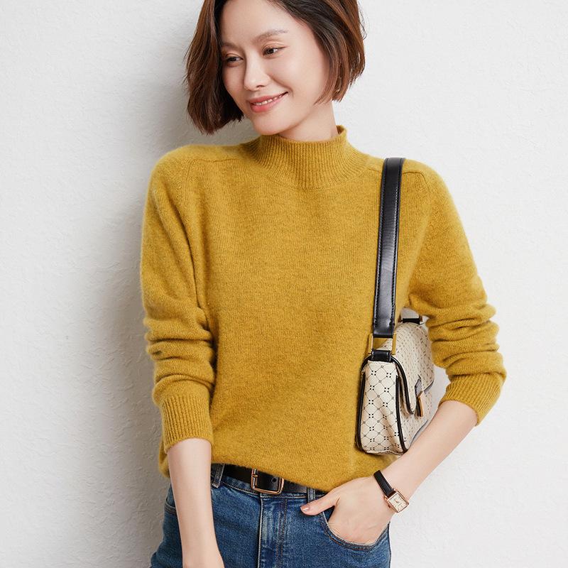 Women's 100% Wool Thickened Saddle Shoulder Sweater – Soft and Warm Half-High Neck Knitwear for Autumn and Winter
