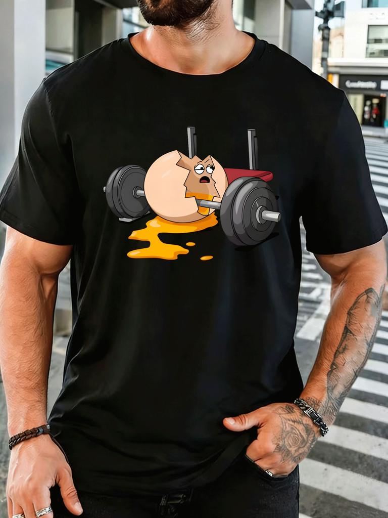 Unisex Short Sleeve T Shirt Cracked Egg Barbell Graphic Tee Funny Print Tops Summer Soft Cotton Casual Street Wear For Adult Male