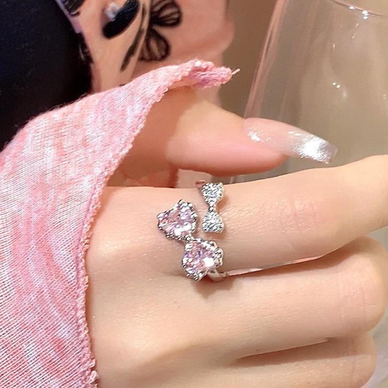 Trend Pink Love Heart Crystal Rings for Women Kpop Love Zircon Open Ring Irregular Grunge Aesthetic Egirl Rings Jewelry