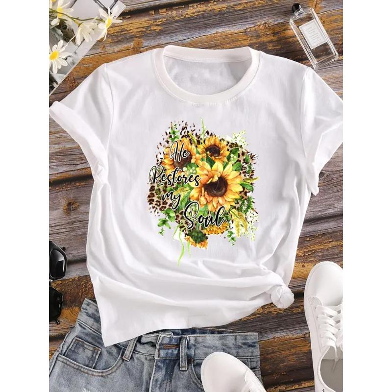 (European Size) 90s Women Flower Watercolor Trend Cute Short Sleeve Fashion Tee Top Clothing Print Lady Casual T-shirt Female Graphic T-shirts
