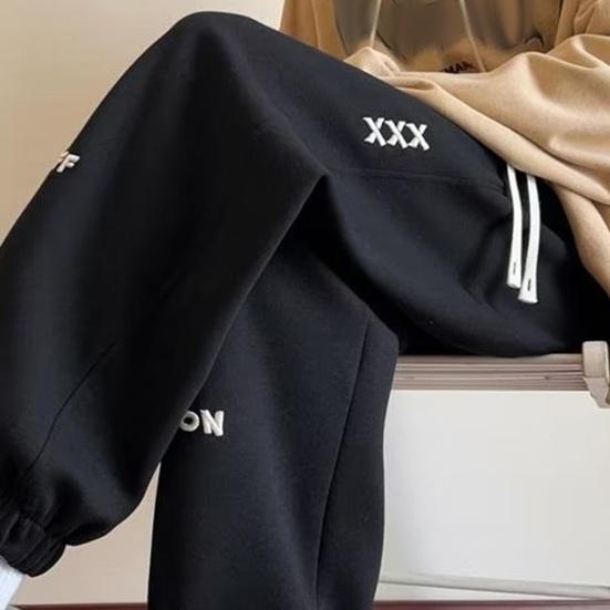 Spring Fall Men Sport Pants Loose Drawstring Elastic Waist Pockets Ankle-banded Letter Embroidery Exercise Trousers Daily Wear Sweatpants
