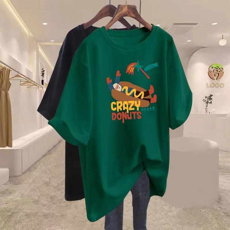 

Foreign style age-reducing white loose cotton short-sleeved T-shirt women s summer 2025 new niche chic printed crew neck tide XXXXL зелений