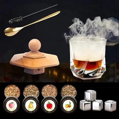 Sada pro uzení koktejlů Dřevěný kouřový poklop na whiskey s 4 druhy dřevěných štěpků pro nápoje Kuchyňské barové doplňky Nástroje2027