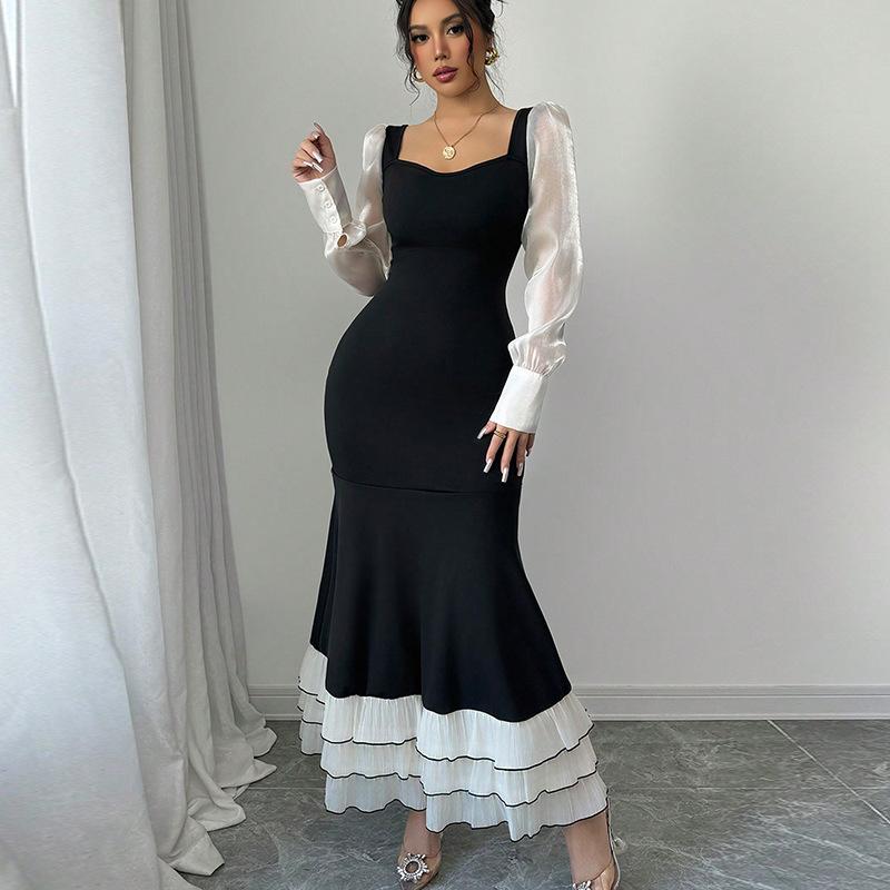 Spring Autumn elegant party Evening Dresses women fashion Contrast Mesh splicing ruffles Women's maxi Dress Casual bodycon dress