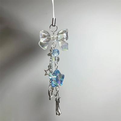 Korea Cute Clear Bow Blue Star Beaded Phone Chain Charm Lanyard For iPhone Samsung Huawei Universal Accessories Jewelry Pendant