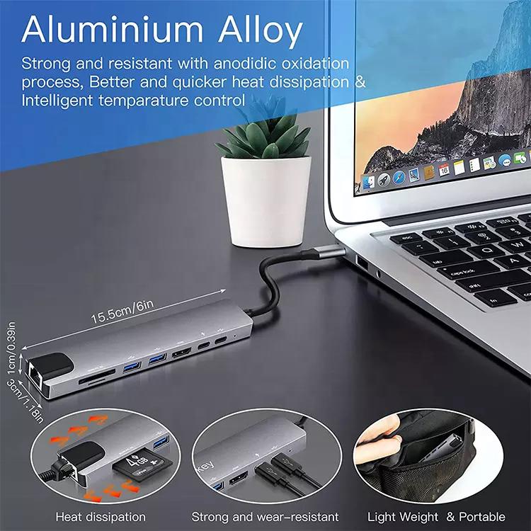 Usb-hub for Laptop Pc 4k 60Hz Type C 8 in 1 Hub Multi Function Adapter Docking Station Usb c Hub for Phone