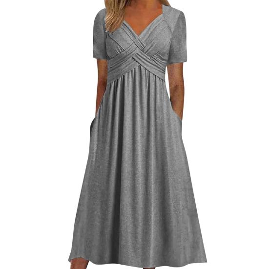 Robe d'été plissée à bretelles croisées pour femmes, col en V, manches courtes, poches de couleur pure, ligne a, ourlet ample, respirante, douce, pour les rencontres et les déplacements