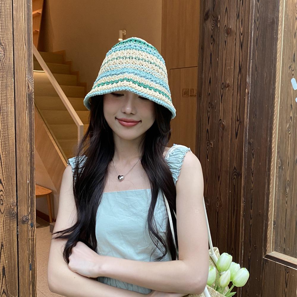 Spring and summer thin handmade knitted fisherman hat striped soft top basin hat versatile sun protection travel visor