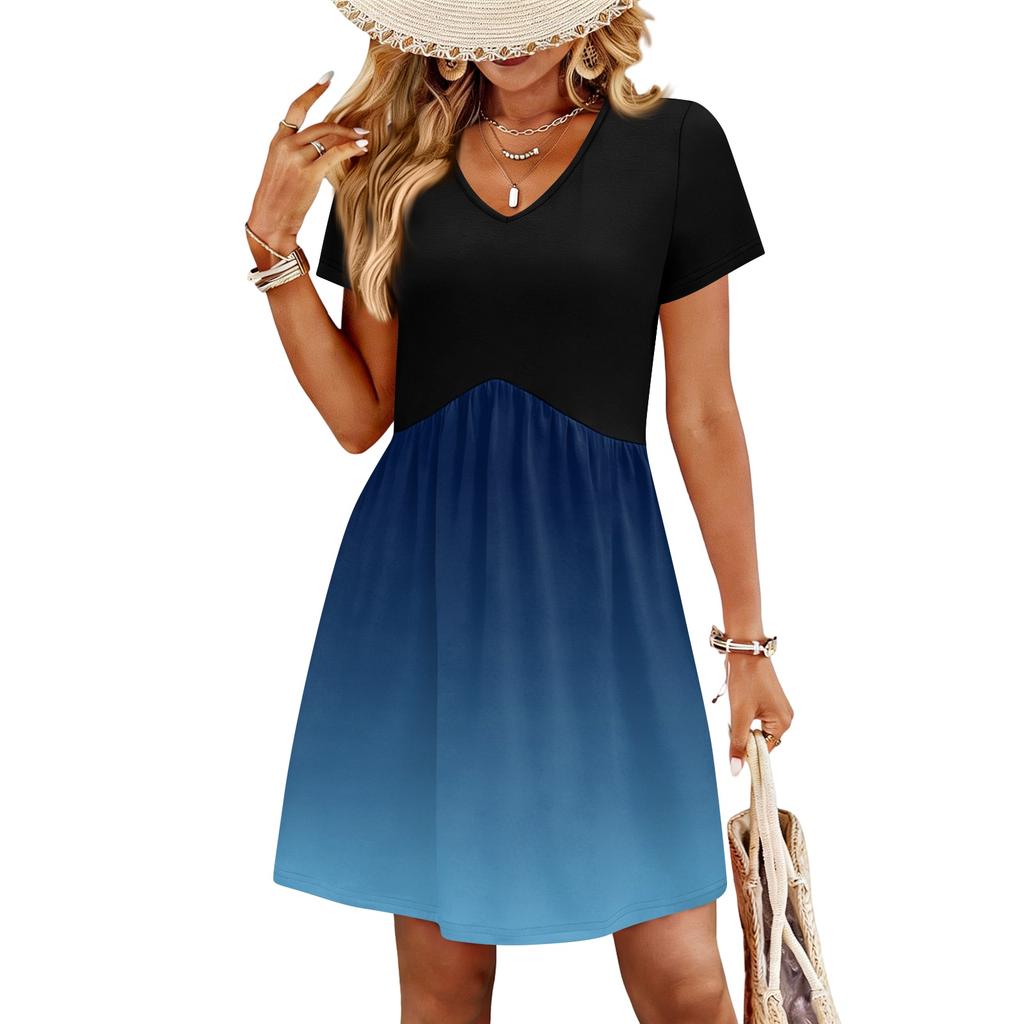 Modisches Damenkleid mit Print, V-Ausschnitt, kurzärmelig, locker, lässig, für den Strandurlaub