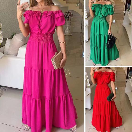 Women's Summer Off Shoulder Ruffle Maxi Dress Short Sleeve High Waist A-Line Dress Flowy Beach Long Dress