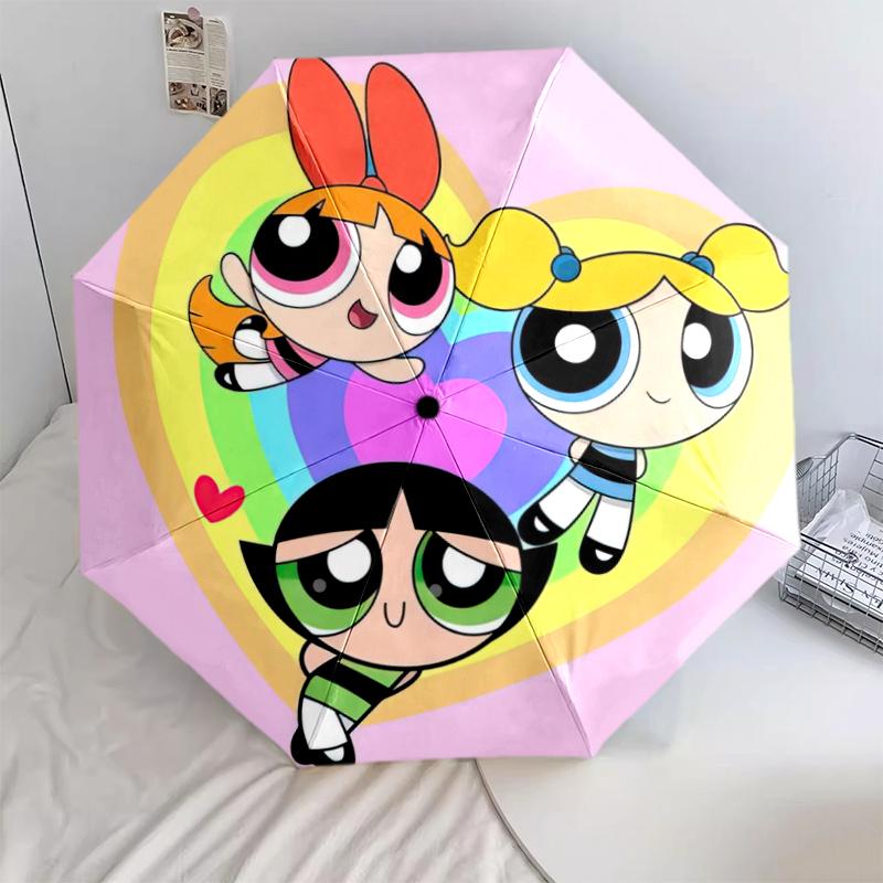 1PC The Powerpuff Girls Umbrella Portable Folding Umbrella Iron Frame Hole Bone Structure Outdoor Home Umbrella A7