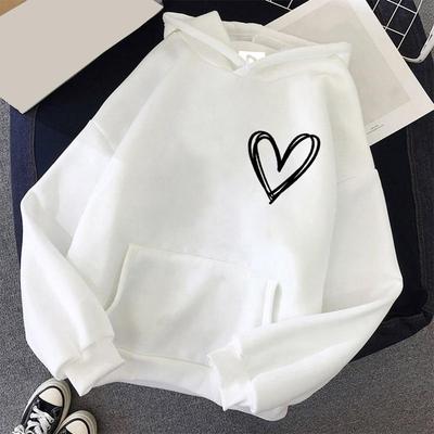 Women Autumn Winter Heart Print Pullover Sweatshirt Drawstring Hooded Stand Collar Long Sleeve Pocket Student Hoodie Streetwear