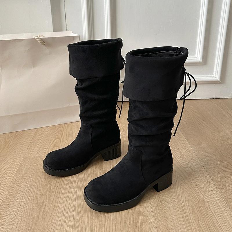Knee High Boots Women's Fashion Round Toe Suede Sleeve Soft Sole Anti-slip Wear-resistant Block Heel Shoes