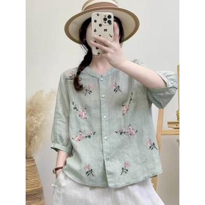 Cotton and Linen Women's New Round Neck Printed Versatile Three-quarter Sleeve Top Thin Heavy Embroidered Shirt