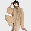 Women's Long-Sleeve V-Neck Flannel Pajama Set – Thick Coral Fleece for Autumn/Winter, Indoors/Outdoors.