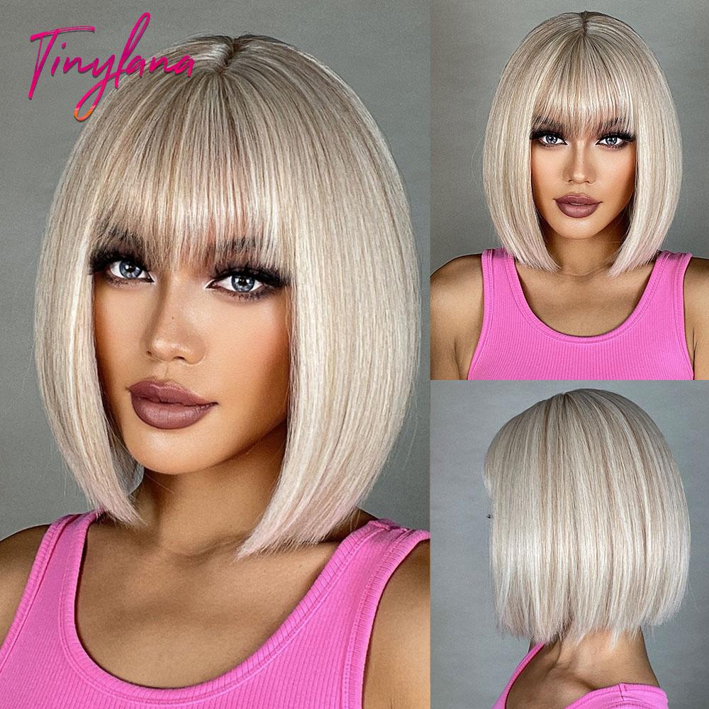 Bob Black Synthetic Wig with Bangs for Women Afro Short Dark Straight Wigs Cosplay Halloween Natural Hair Lolita Heat Resistant