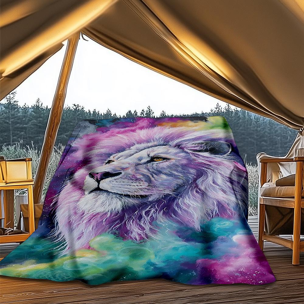 1pc Lion Art Print Throw Blanket Polyester Fiber, Lightweight Flannel, Soft & Warm, All Season Use for Outdoor, Camping Digital Print