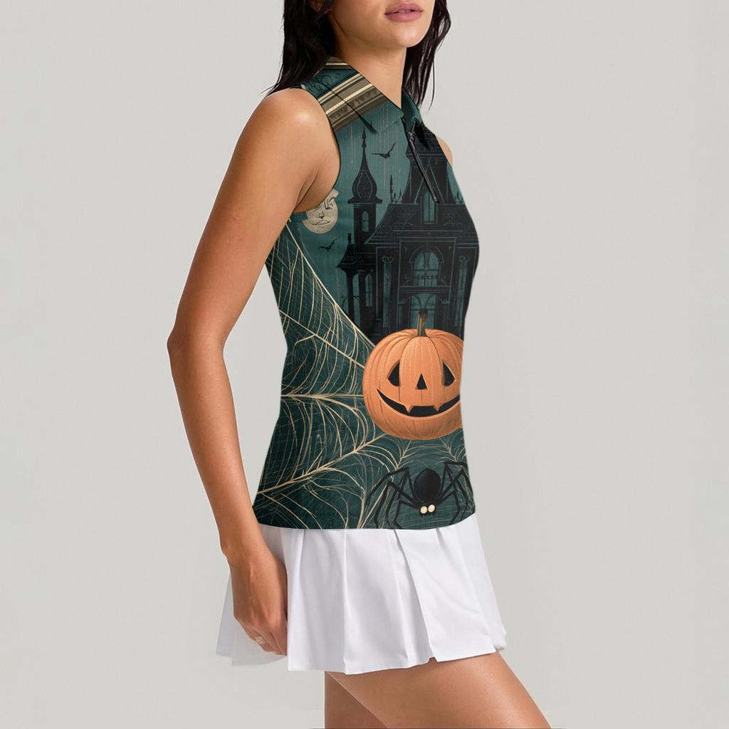 Women's Sleeveless Golf Shirt with Zip Front and Collar, Halloween Print Sporty Vest