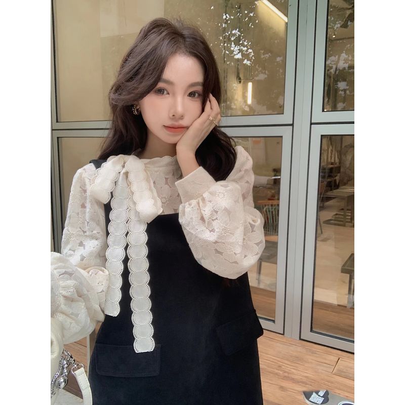 Kumikumi Graceful Flower Lace Tie Shirts Women Autumn Stacked Black Vest Dress