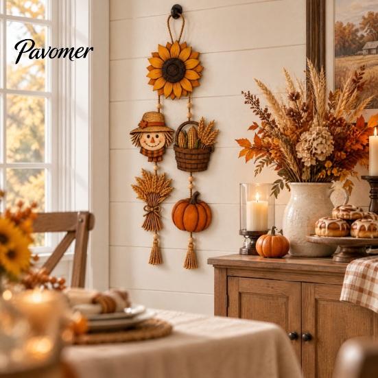 Seasonal Holiday Party Supplies Autumn Harvest Wooden Hanging Sign, Rustic Farmhouse Door Sign with Tassels and Wood Beads, Wall Decor Fall Decoration