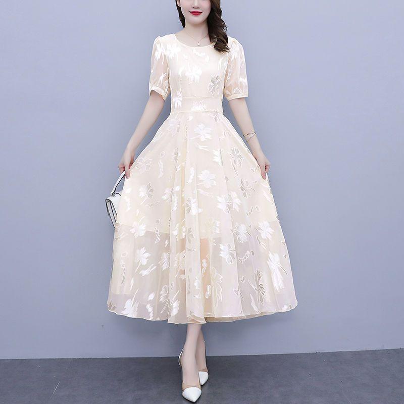 Stylish and elegant short-sleeved round neck floral dress women's summer banquet dress slim-fitting high-waisted A-shaped long dress