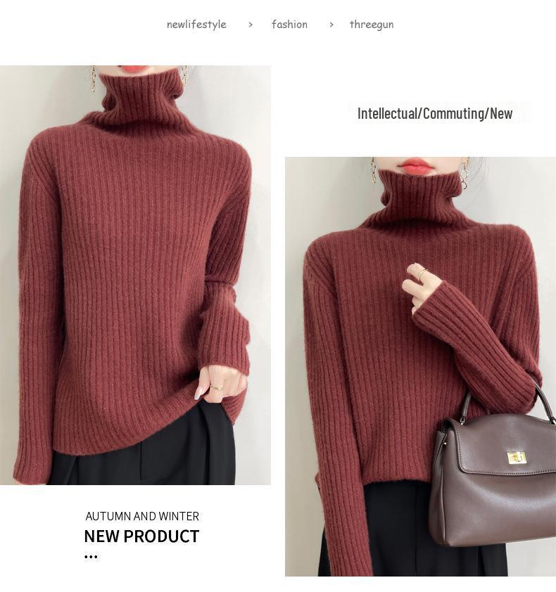 2025 Autumn/Winter High-Neck Pure Wool Ribbed Knitwear Loose Pullover Base Layer