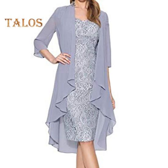 2 Teile/satz Damen Strickjacke Kleid Set Spitze Blumenstickerei O Hals Slim Fit Midikleid Dünn Unregelmäßig Dreiviertel Ärmel Mittellang Mantel Formal