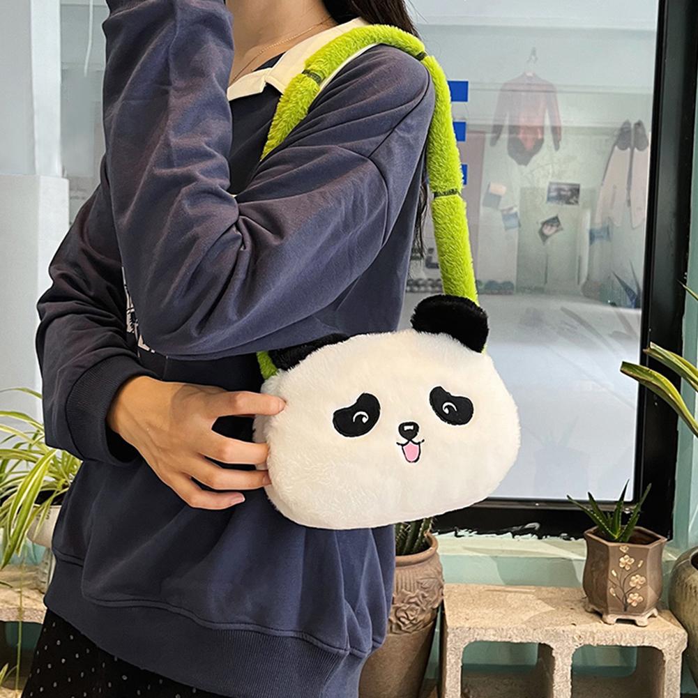 Cute Panda Shaped Plush Handbag Women Animal Crossbody Bags Bamboo Shaped Strap Hobo Shoulder Bag Travel Shopping Underarm Pouch