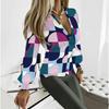 Women Plus Size V Neck Lantern Sleeve Blouse Geometric Colorful Print Casual Fitted Top