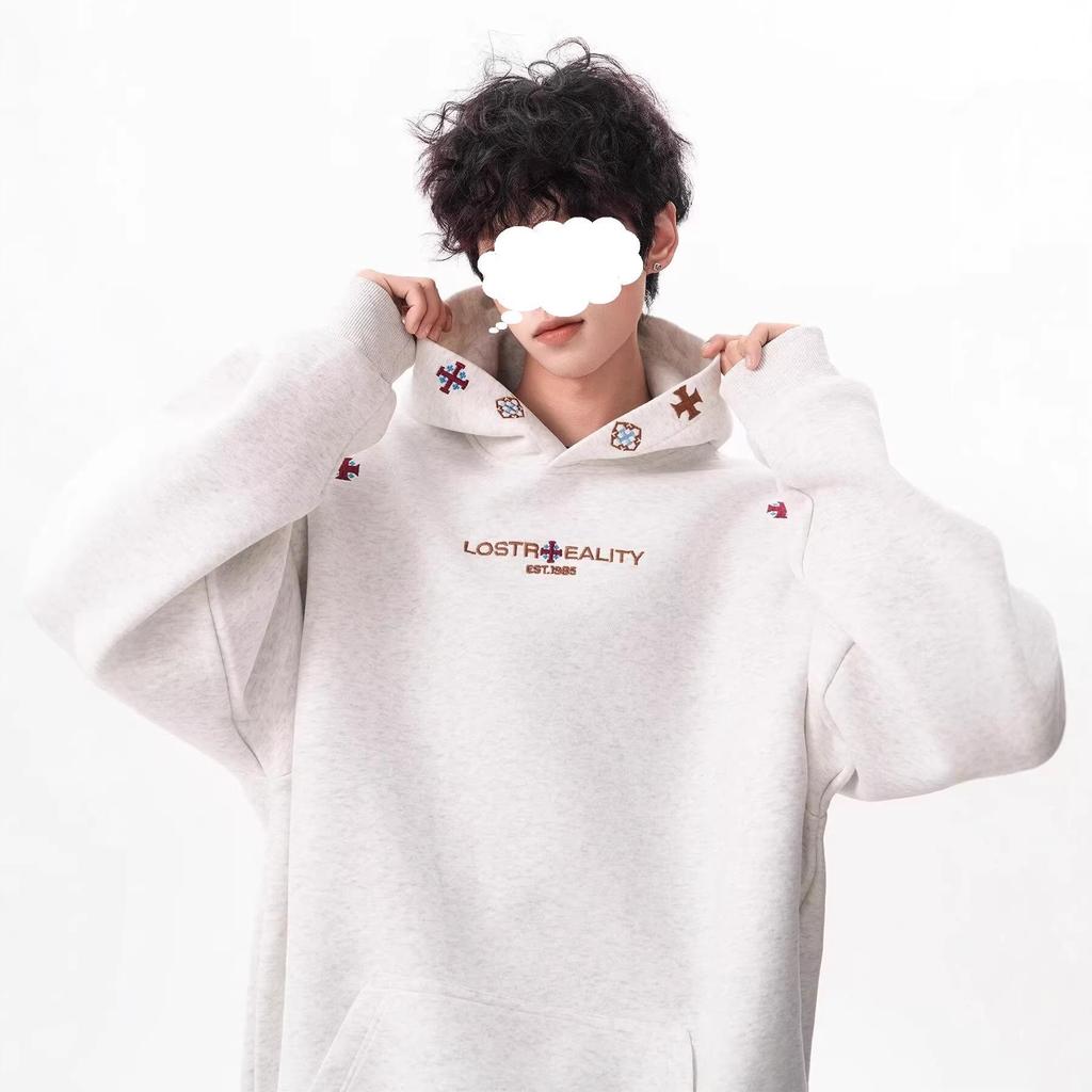 Men's Embroidered Ethnic-Style Hooded Sweatshirt - Casual, Loose-Fit, Versatile Autumn/Winter Outerwear for Couples