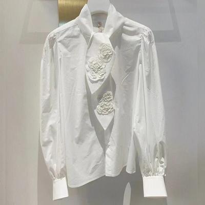 Autumn Long Sleeve Stand Collar White Shirt Women Vintage Embroidery Tops Casual Office Lady Loose Button Blouse Women Clothing 29349