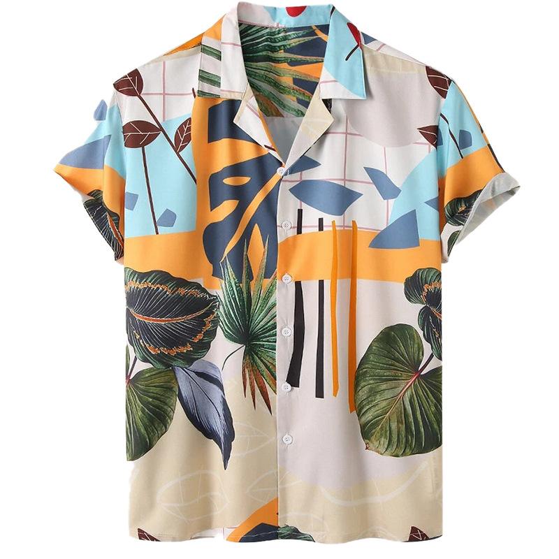Men's Casual Loose Beach Outfit Leaf Print Shirt and Short Set for Holiday