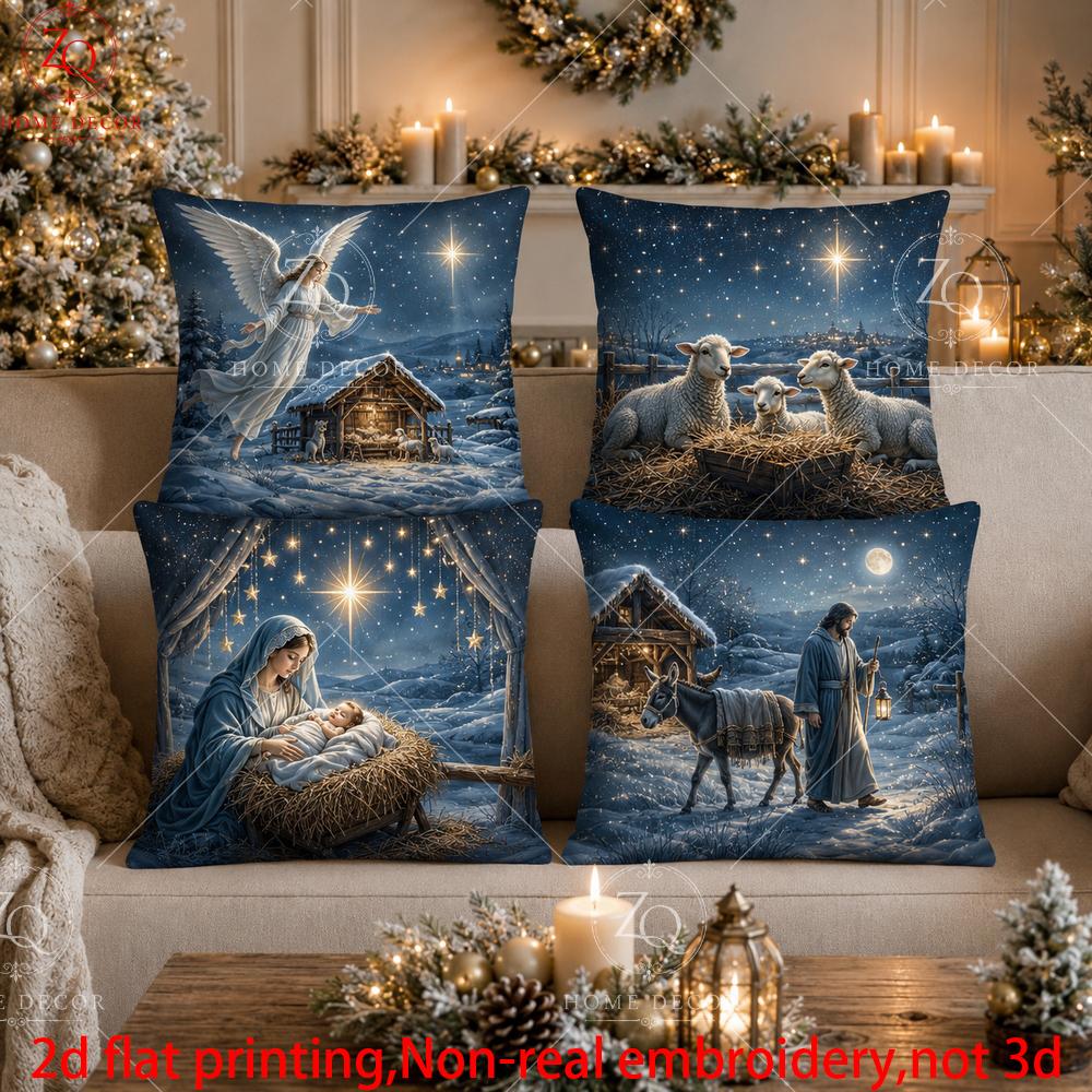 Set aus 4 Weiße Bären Leuchtturm Winter Pfirsichhaut Kissenbezug 2D Flach Gedruckt Sofakissenhülle Wohnzimmer Weihnachten