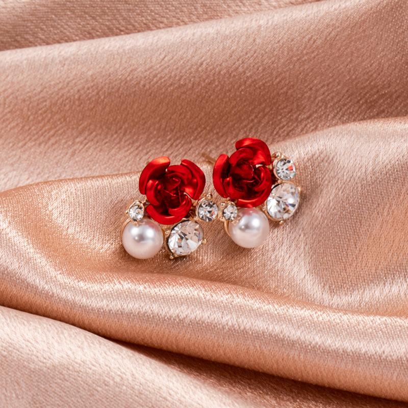 Boucles d'oreilles en strass Rose rouge pour femmes, bijoux de fiançailles, de mariage, ailes d'ange, papillon, perles, fleurs
