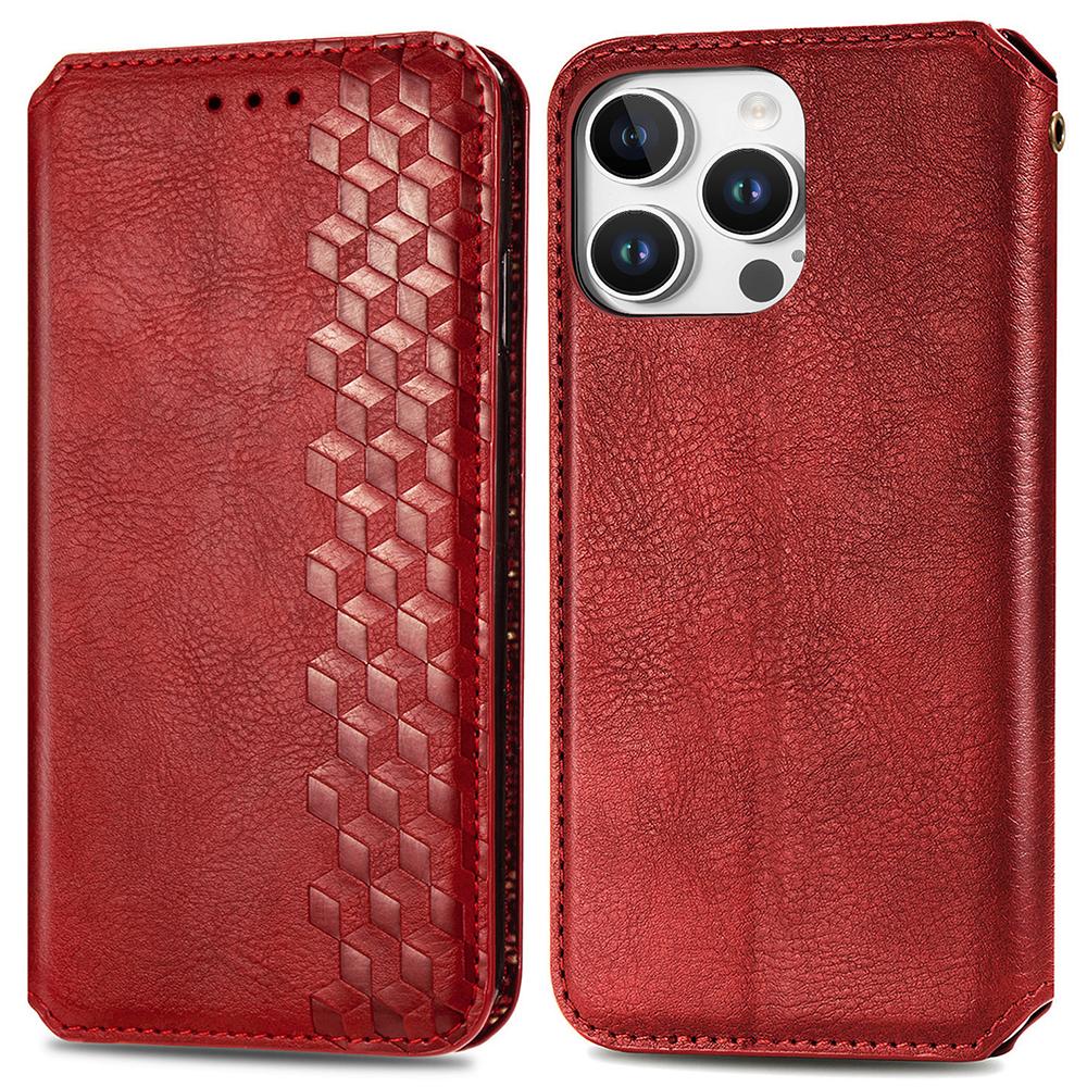 

For iPhone 16 Pro PU Leather Case Rhombus Imprint Wallet Stand Phone Cover Red